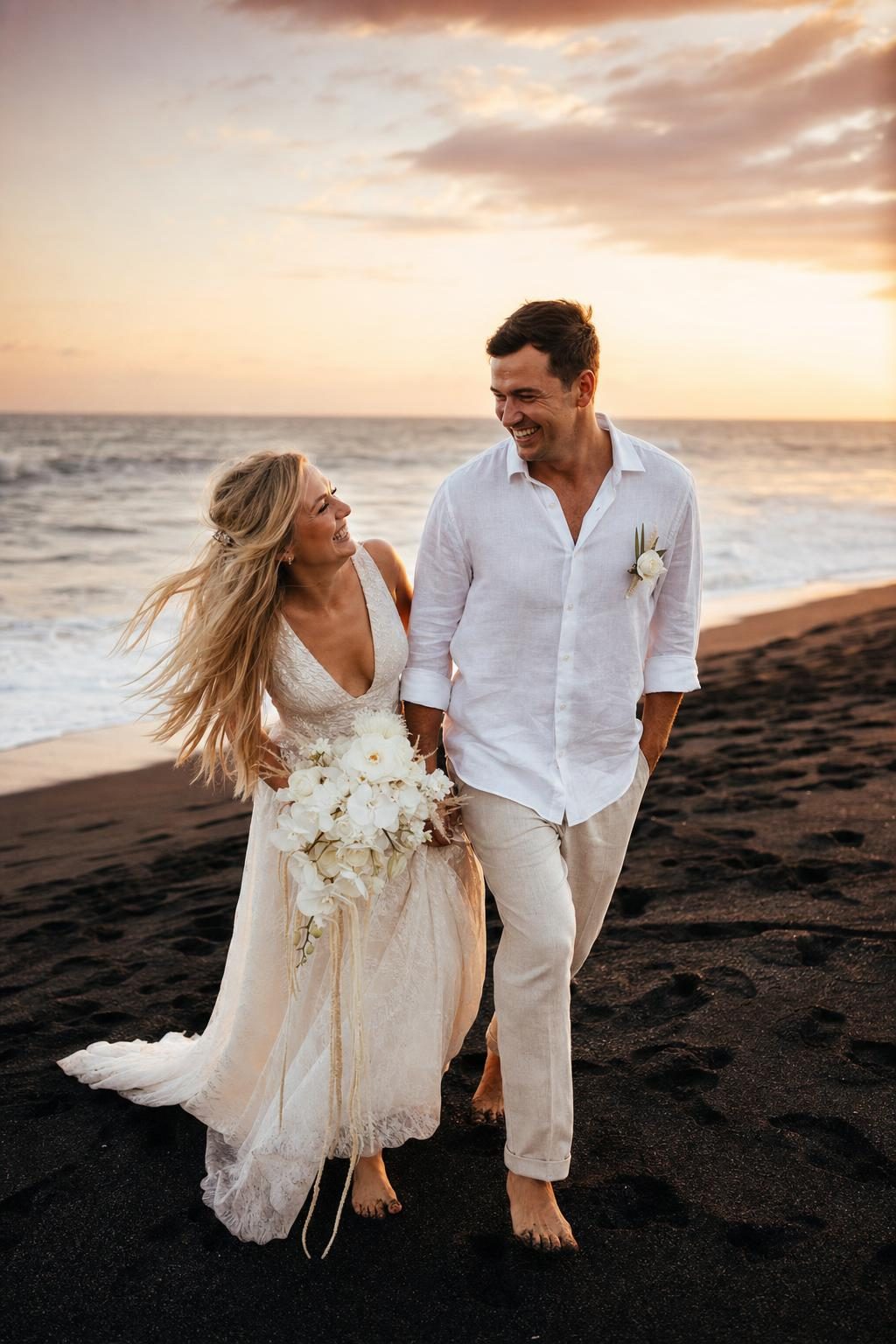 Black-sand beach couple