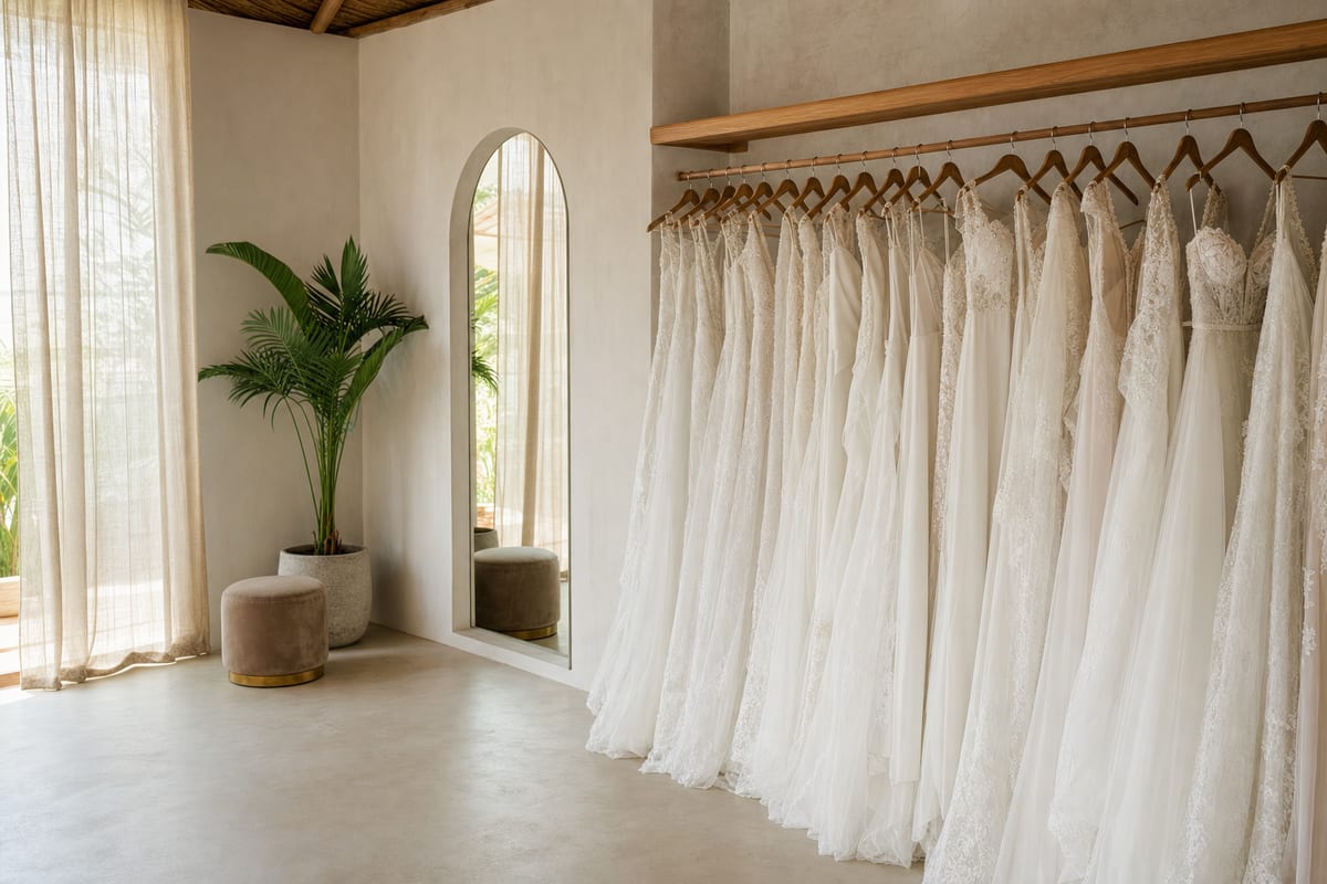 A row of white wedding gowns on a rack in a bright Bali bridal boutique, with an arched mirror and sheer curtains
