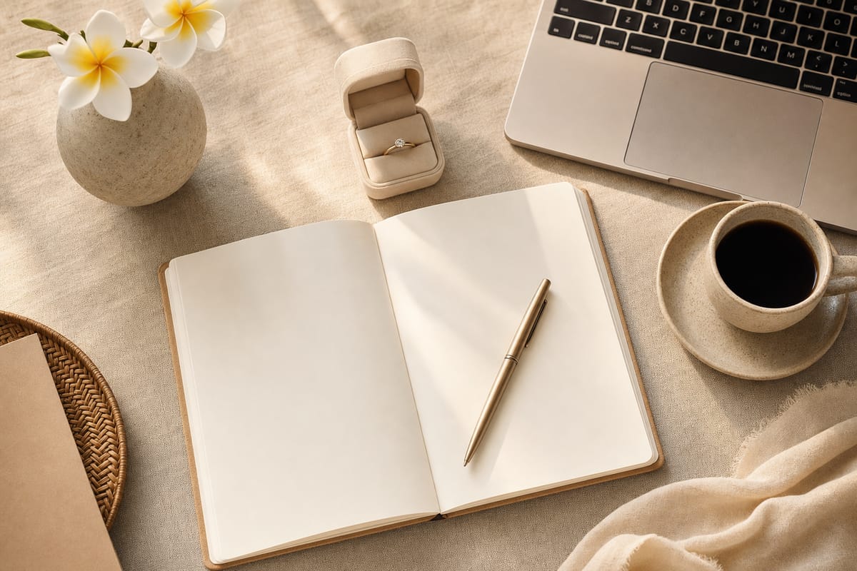 A tidy wedding-planning desk with a notebook, ring box, frangipani flowers and a laptop