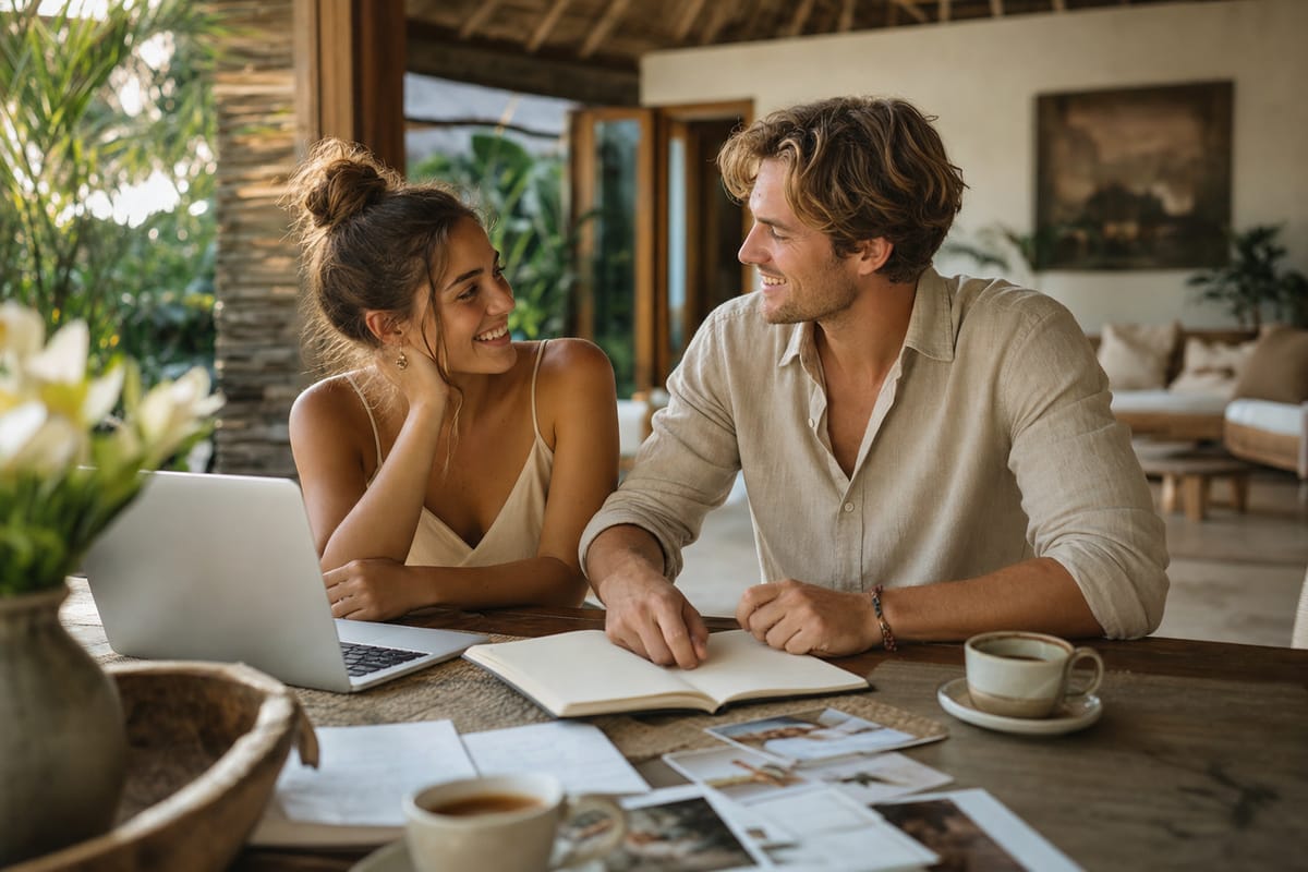 A newly engaged couple planning together at home with a notebook and a laptop