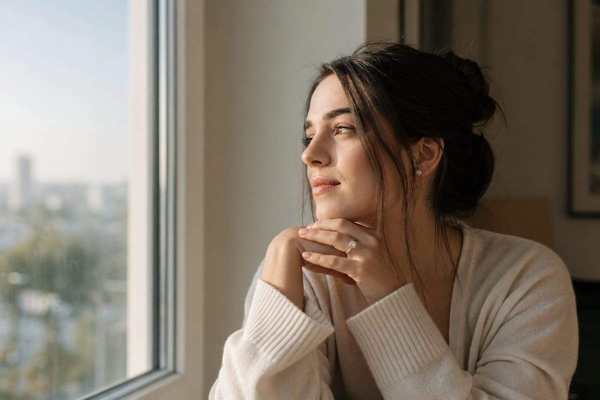 A thoughtful young woman with an engagement ring by a window