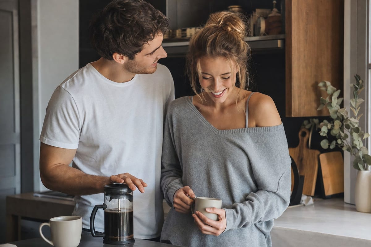 A couple laughing together while making coffee in a cosy kitchen