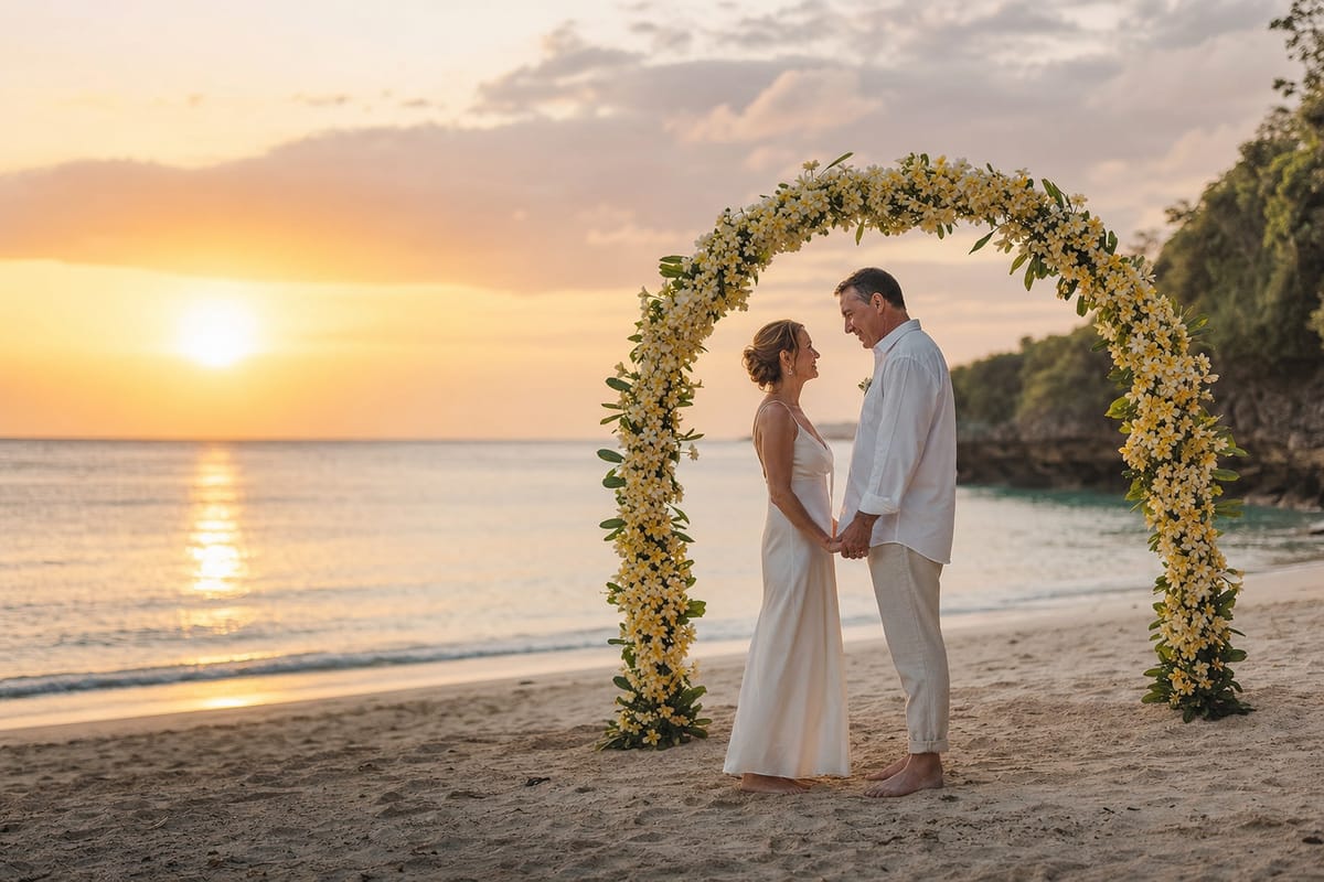 A couple renewing their vows barefoot on a Bali beach at sunset