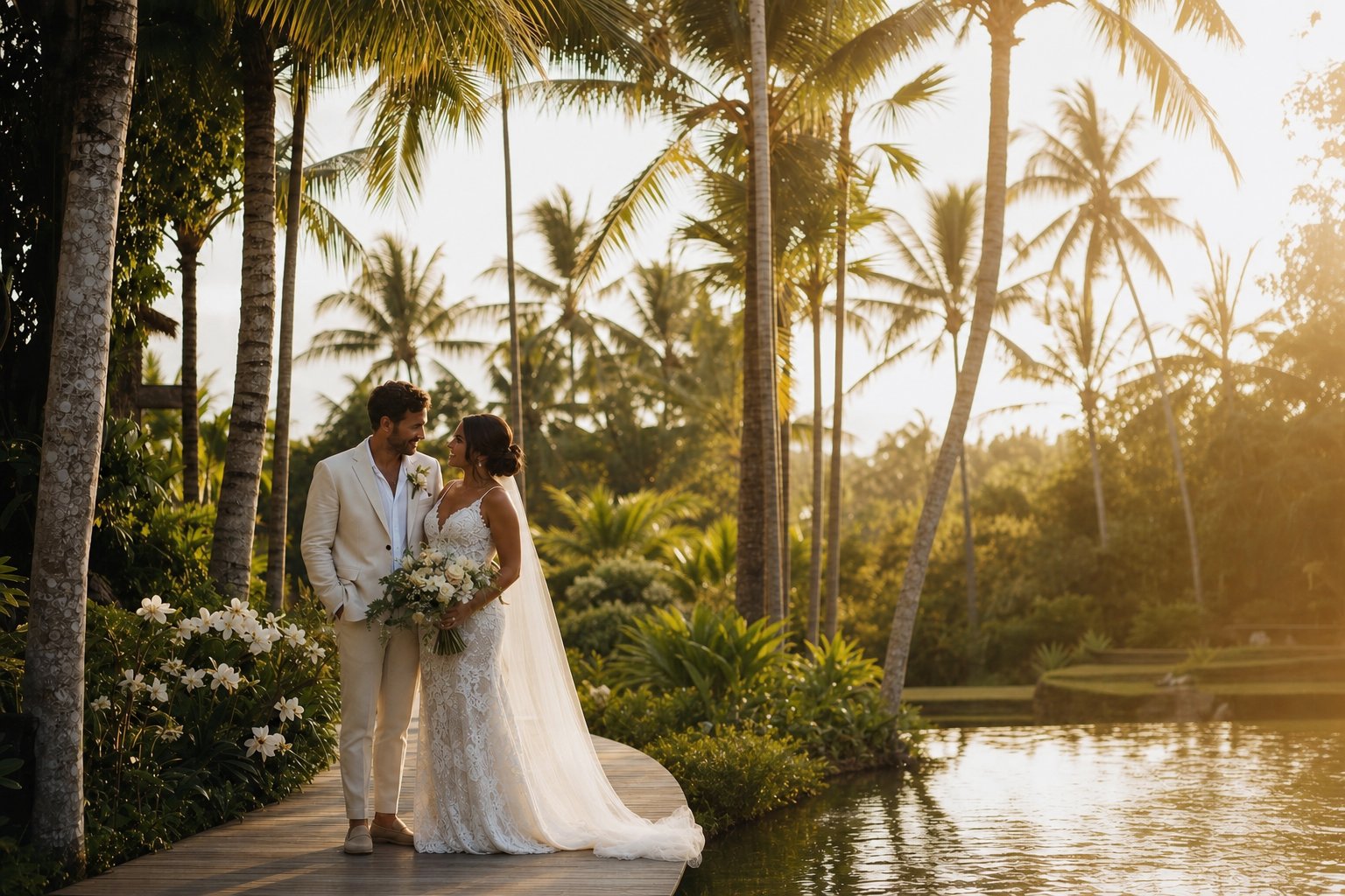 Couple under Bali palms